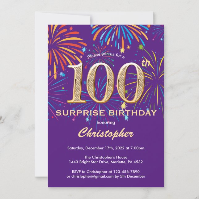 Invitation Surprise 100e anniversaire Purple and Gold Firewor (Devant)