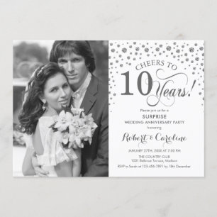 Invitation Surprise 10e anniversaire avec photo blanc argent