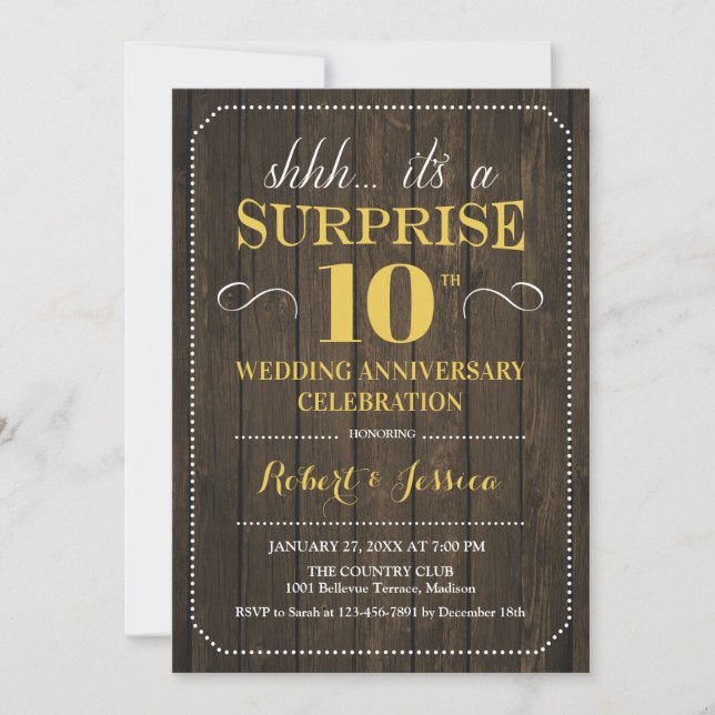 Invitation Surprise 10e anniversaire de mariage - Bois Or (Devant)