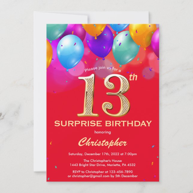 Invitation Surprise 13e anniversaire Ballons rouge et or (Devant)