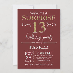 Invitation Surprise 13e Anniversaire Burgundy et Paillettes D
