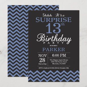 Invitation Surprise 13e anniversaire Chevron noir et bleu