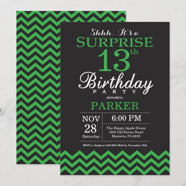 Invitation Surprise 13e anniversaire Chevron noir et vert (Devant / Derrière)