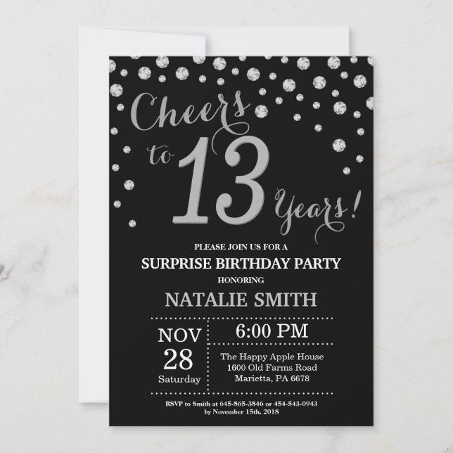 Invitation Surprise 13e anniversaire Diamant noir et argent (Devant)