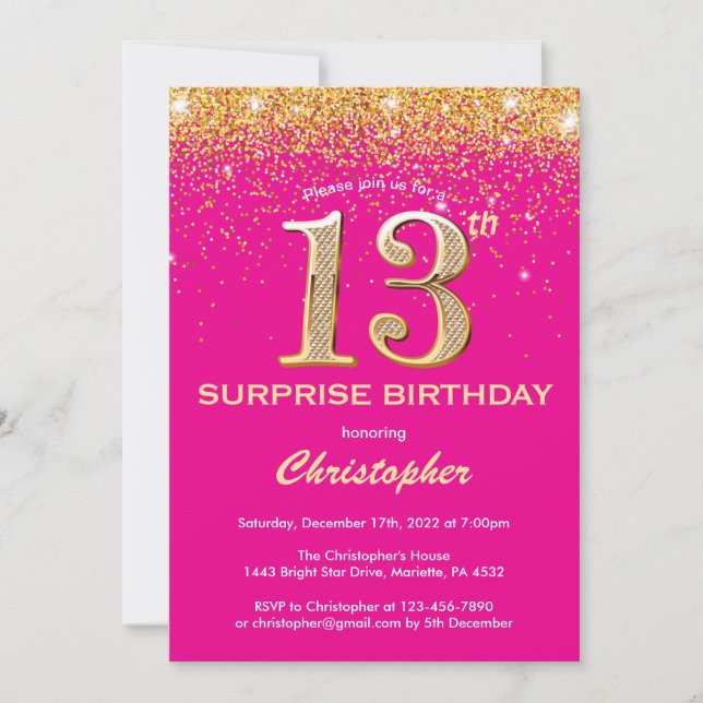 Invitation Surprise 13e anniversaire Hot rose et Parties scin (Devant)