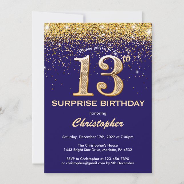 Invitation Surprise 13e anniversaire Marine Blue and Gold Par (Devant)