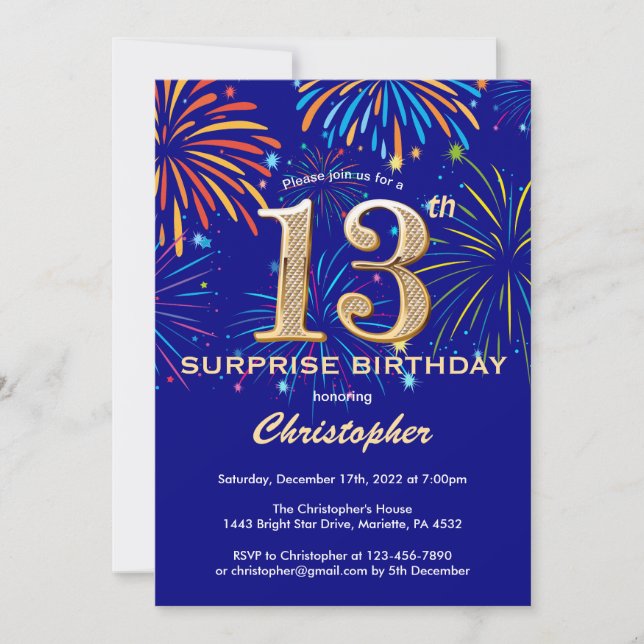 Invitation Surprise 13e anniversaire Marine Blue & Gold Firew (Devant)