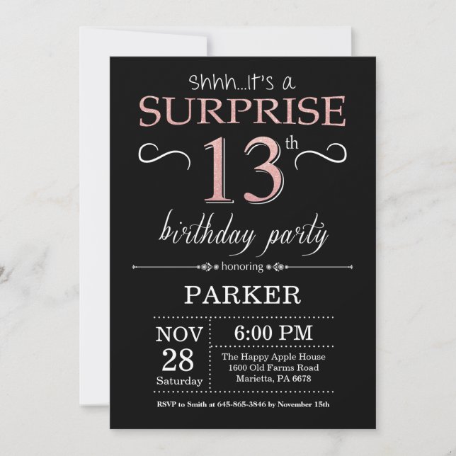 Invitation Surprise 13e anniversaire Noir et Rose Rose Or (Devant)