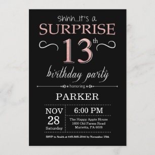 Invitation Surprise 13e anniversaire Noir et Rose Rose Or