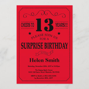 Invitation surprise 13e anniversaire Noir et Rouge