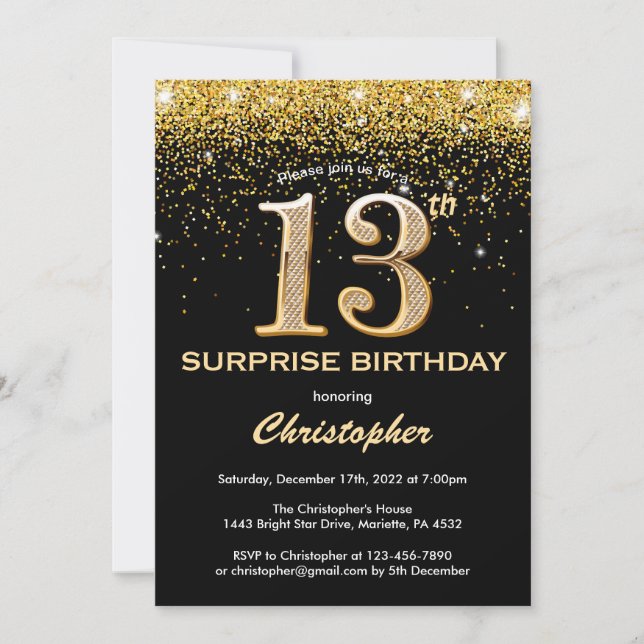 Invitation Surprise 13e anniversaire Parties scintillant noir (Devant)