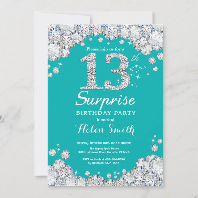 Invitation Surprise 13e anniversaire Turquoise et Silver Diam (Devant)