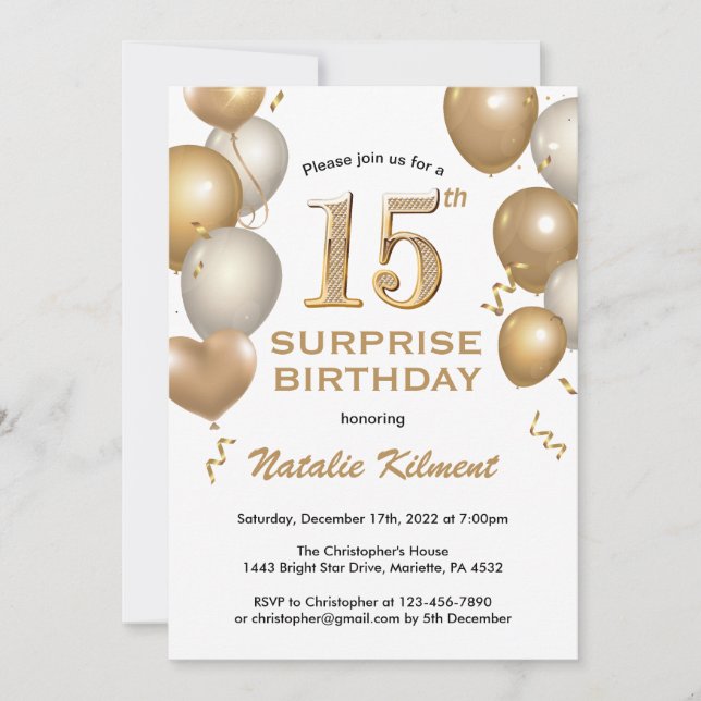 Invitation Surprise 15e anniversaire Ballons blanc et or (Devant)