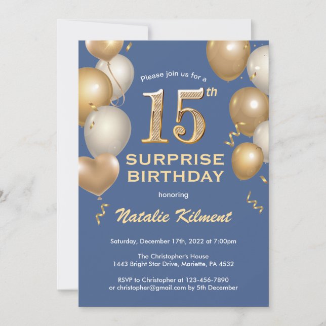 Invitation Surprise 15e anniversaire Ballons bleu et or (Devant)