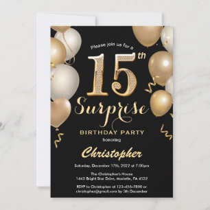 Invitation Surprise 15e anniversaire Ballons noir et or