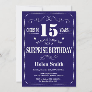 Invitation Surprise 15e Anniversaire Bleu Nuit et Blanc