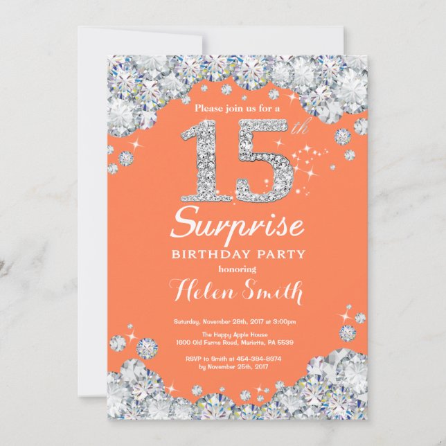 Invitation Surprise 15e anniversaire Coral et Diamant d'argen (Devant)