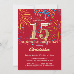Invitation Surprise 15e anniversaire Feu d'artifice rouge et