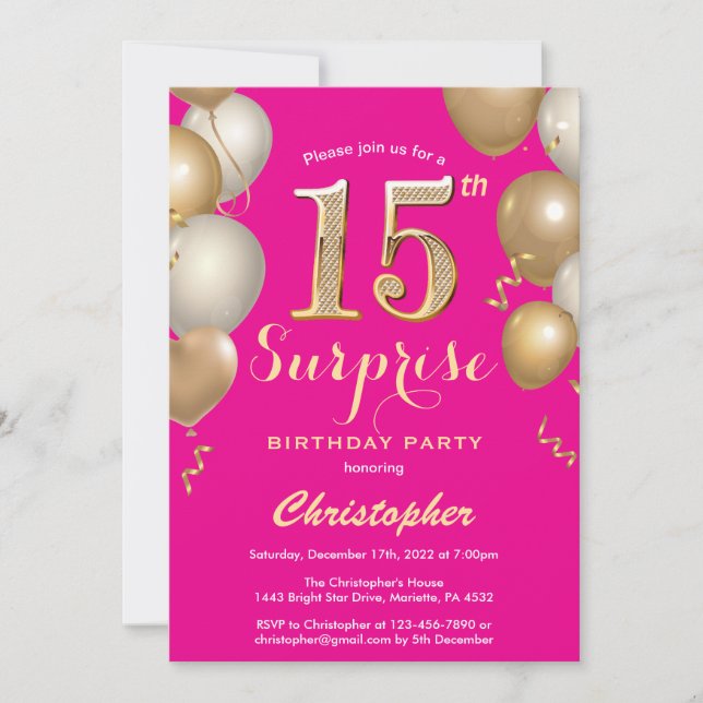 Invitation Surprise 15e anniversaire Hot rose et or Ballons (Devant)