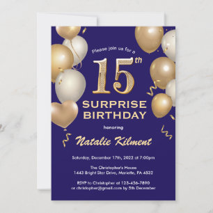 Invitation Surprise 15e anniversaire Marine Bleu et Ballons d