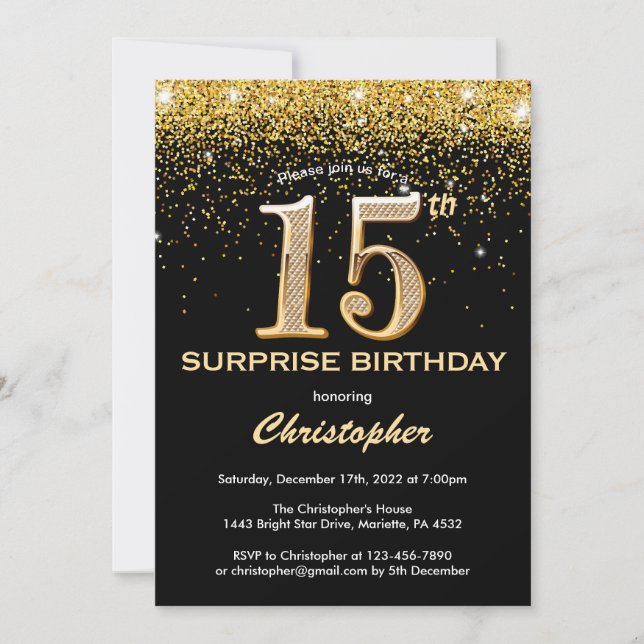 Invitation Surprise 15e anniversaire Parties scintillant noir (Devant)