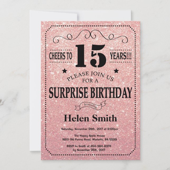 Invitation Surprise 15e anniversaire Pink Rose Parties scinti (Devant)