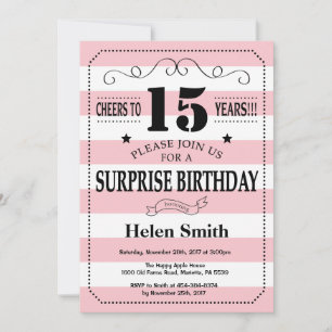 Invitation Surprise 15e anniversaire rayures roses et blanche
