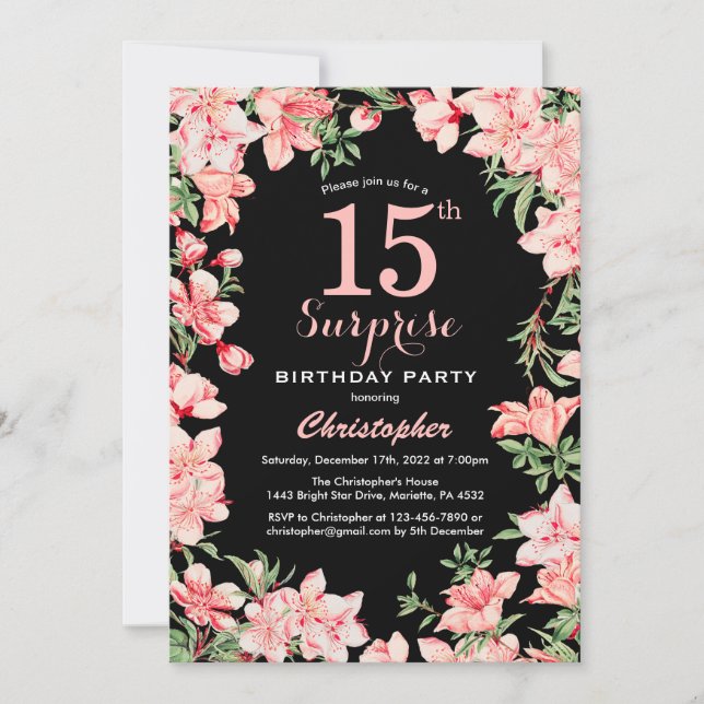 Invitation Surprise 15e anniversaire rose fleurs florales noi (Devant)