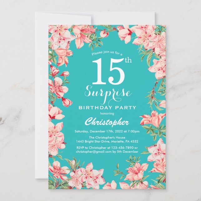 Invitation Surprise 15e anniversaire rose fleurs Turquoise (Devant)
