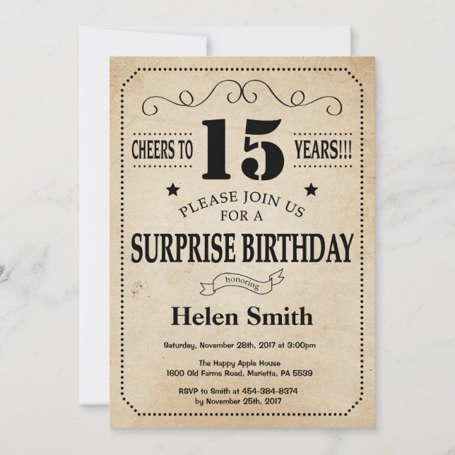 Invitation Surprise 15e anniversaire Rustic Vintage Retro (Devant)