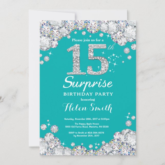Invitation Surprise 15e anniversaire Turquoise et diamant d'a (Devant)