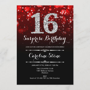Invitation Surprise 16e anniversaire - Argent rouge noir