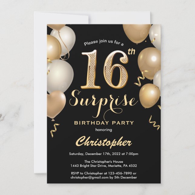 Invitation Surprise 16e anniversaire Ballons Noir et Or (Devant)