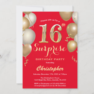 Invitation Surprise 16e anniversaire Ballons rouge et or