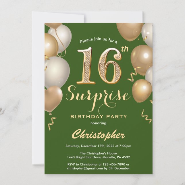 Invitation Surprise 16e anniversaire Ballons vert et or (Devant)