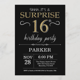Invitation surprise 16e anniversaire Black and Gol