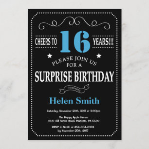 Invitation surprise 16e anniversaire Bleu et noir
