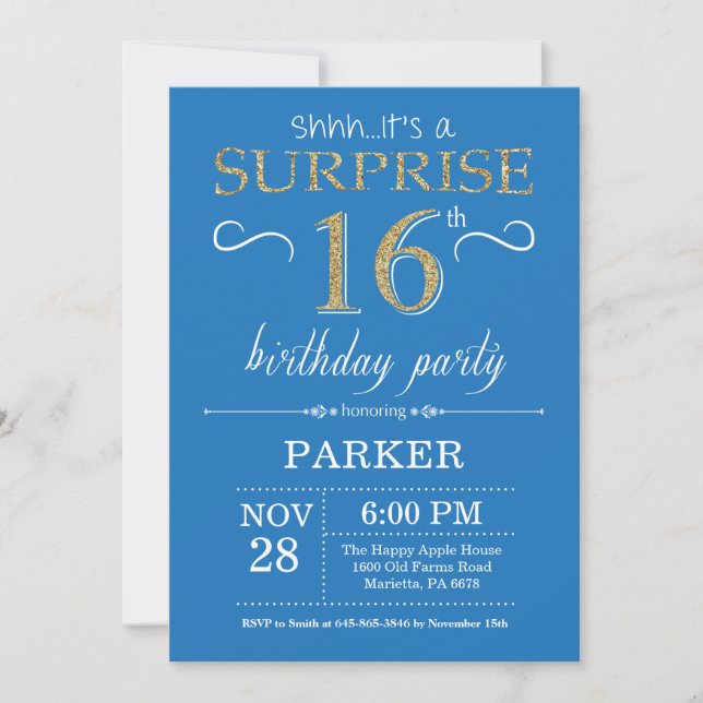 Invitation surprise 16e anniversaire Bleu et or (Devant)
