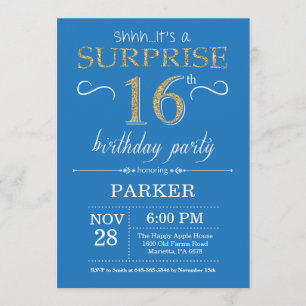 Invitation surprise 16e anniversaire Bleu et or