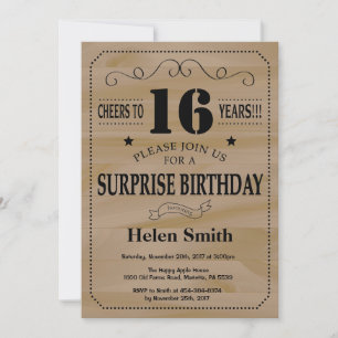 Invitation Surprise 16e Anniversaire Bois Rustique