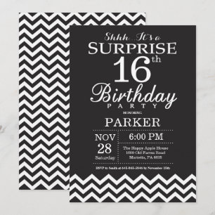 Invitation Surprise 16e anniversaire Chevron noir et blanc
