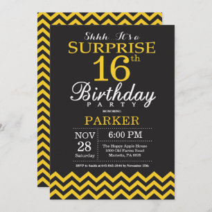 Invitation Surprise 16e anniversaire Chevron noir et jaune