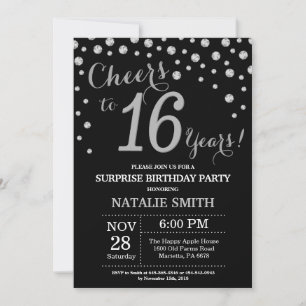 Invitation Surprise 16e anniversaire Diamant noir et argent