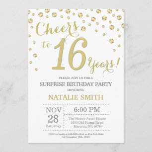 Invitation Surprise 16e anniversaire Gold Parties scintillant