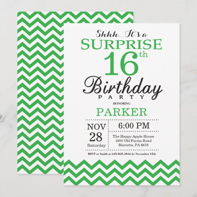 Invitation surprise 16e anniversaire Green Chevron (Devant / Derrière)