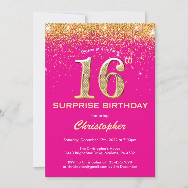 Invitation Surprise 16e anniversaire Hot rose et Parties scin (Devant)