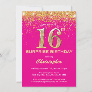 Invitation Surprise 16e anniversaire Hot rose et Parties scin