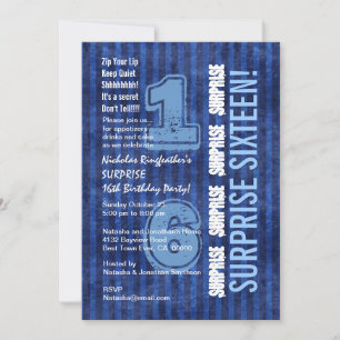 Invitation SURPRISE 16e Anniversaire moderne Bleu Stripes W55