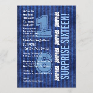 Invitation SURPRISE 16e Anniversaire moderne Bleu Stripes W55