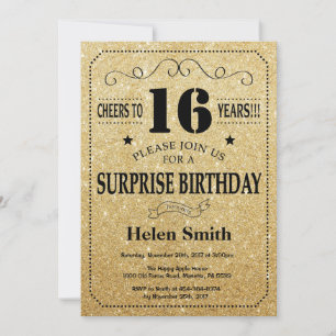 Invitation Surprise 16e Anniversaire Noir et Doré Paillettes